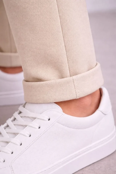 Erkek Diagonel Mikro Dokulu Duble Paça Cepli Pantolon Bağcıklı Bel, Modern Kesim - Krem