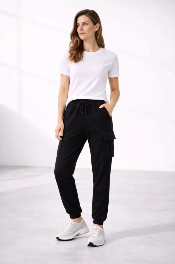 Jogger Eşofman Altı Rahat Kalıp, Kargo Cepli, Lastikli Paça, Günlük Spor Pantolon - Siyah