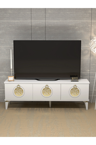 Tv Sehpası Tv Ünitesi Saraylı Beyaz Gold 5062