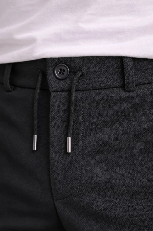 Erkek Diagonel Mikro Dokulu Duble Paça Cepli Pantolon Bağcıklı Bel, Modern Kesim - Siyah