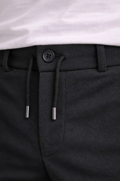 Erkek Diagonel Mikro Dokulu Duble Paça Cepli Pantolon Bağcıklı Bel, Modern Kesim - Siyah