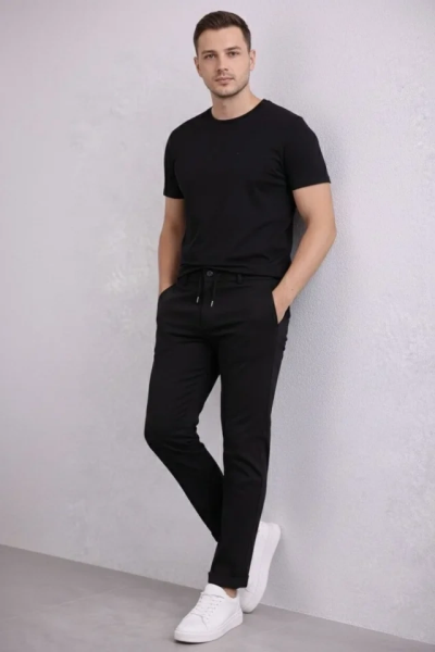 Erkek Diagonel Mikro Dokulu Duble Paça Cepli Pantolon Bağcıklı Bel, Modern Kesim - Siyah