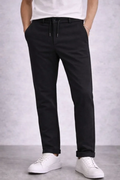 Erkek Diagonel Mikro Dokulu Duble Paça Cepli Pantolon Bağcıklı Bel, Modern Kesim - Siyah