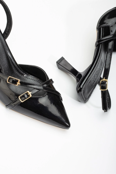 ST-005 Siyah Rugan Günlük 7 cm Topuklu Bayan Ayakkabı