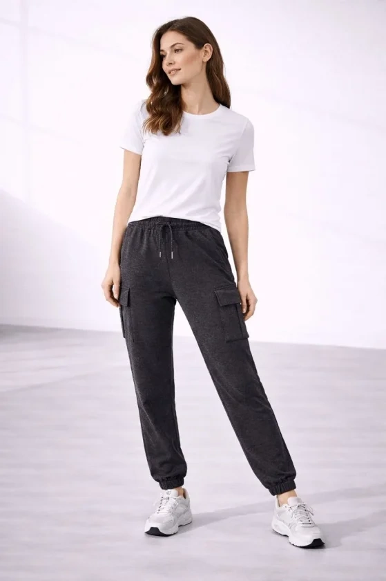 Jogger Eşofman Altı Rahat Kalıp, Kargo Cepli, Lastikli Paça, Günlük Spor Pantolon - Füme
