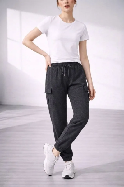 Jogger Eşofman Altı Rahat Kalıp, Kargo Cepli, Lastikli Paça, Günlük Spor Pantolon - Füme