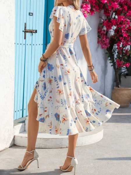 Kadın Kısa Kelebek Kollu Kruvaze Yakalı Belden Kuşaklı Midi Süprem Elbise