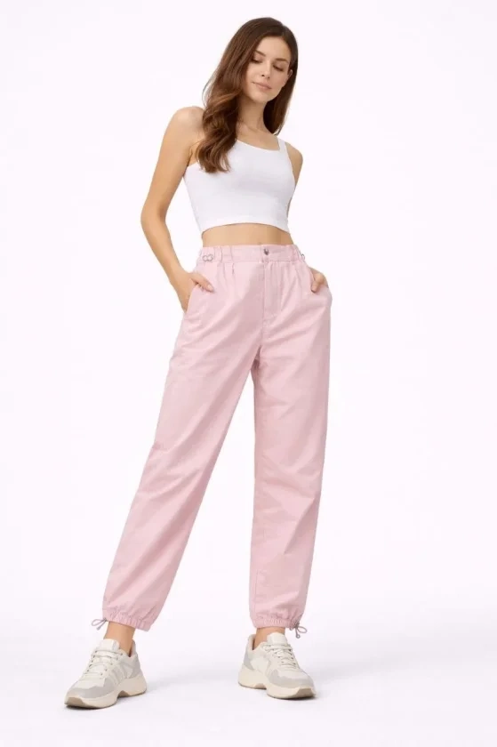 Paraşüt Kumaş Pantolon Bel Ve Paça Ayarlanabilir Lastikli Spor Pantolon - Toz Pembe