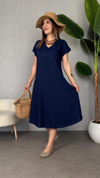 Kadın Kısa Kollu V Yaka Salaş Maxi Boy Elbise