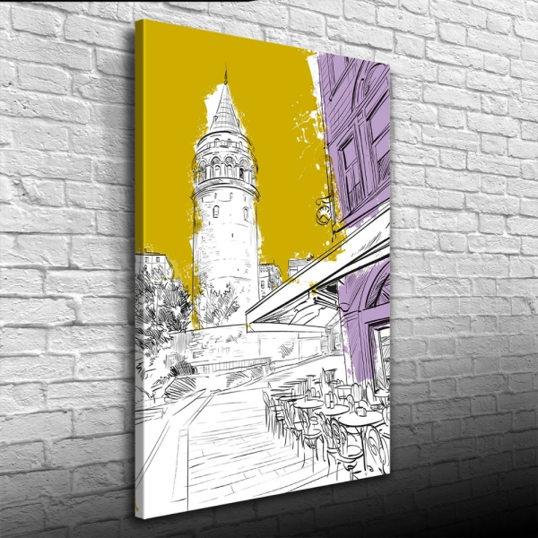 Sarı, Beyaz ve  Mor Tonlarda Galata Kulesi ve kafe Görseli Kanvas Tablo 50 x 70