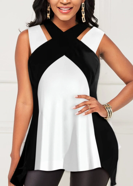 Kadın Askılı Boyundan çapraz Halter Yakalı çift Renkli Viskon Bluz