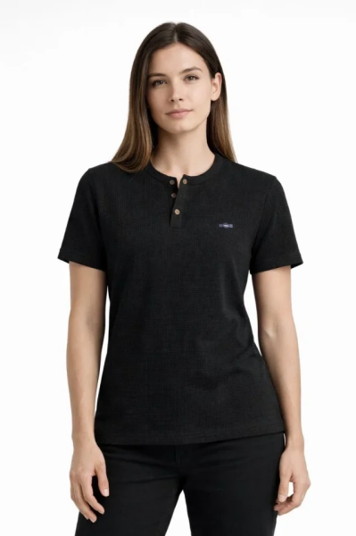 Waffle Dokulu Likralı Henley Yaka Düğmeli Regular Kısa Kollu T-Shirt - Siyah