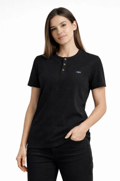 Waffle Dokulu Likralı Henley Yaka Düğmeli Regular Kısa Kollu T-Shirt - Siyah