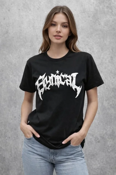 Bisiklet Yaka Ön Baskılı  Kısa Kollu Tişört Streetwear Günlük Basic Pamuklu T-shirt - Siyah