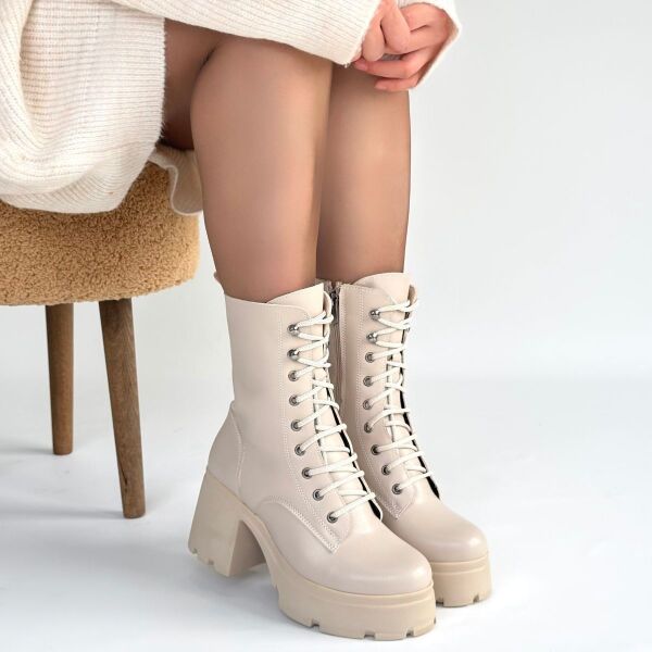 Jones Bej Cilt Bağcıklı Topuklu Bot