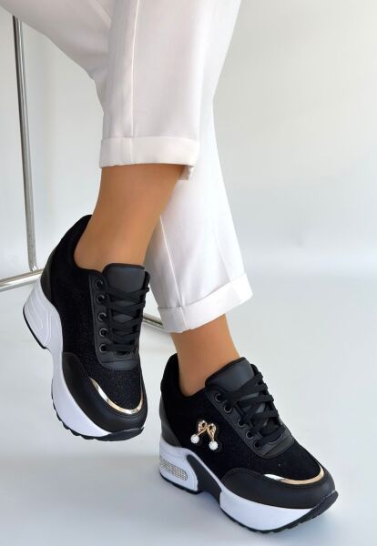 Wody Siyah Cilt Simli Bağcıklı Spor Ayakkabı