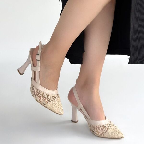 Ceta Bej Cilt Tül Detaylı Topuklu Ayakkabı