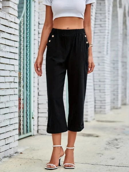 Kadın Beli Lastikli Düğme Ve Cep Detaylı Kapri Ithal Keten Pantolon