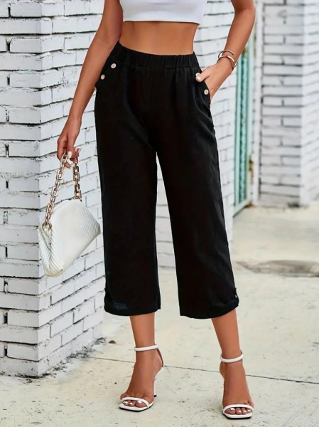 Kadın Beli Lastikli Düğme Ve Cep Detaylı Kapri Ithal Keten Pantolon
