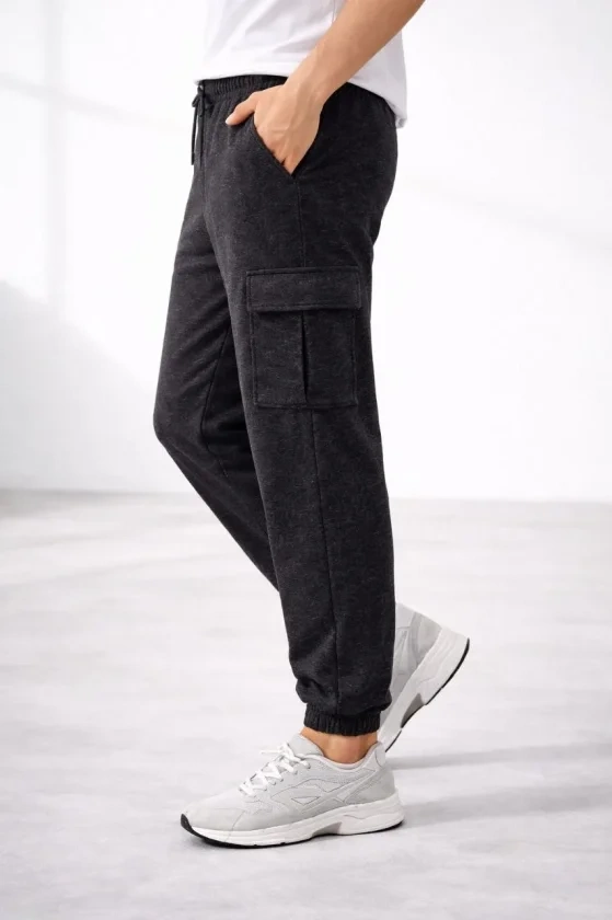 Erkek Jogger Eşofman Altı Regular Fit , Kargo Cepli, Lastikli Paça, Günlük Spor Pantolon - Füme
