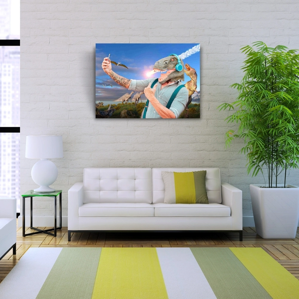 Mavi Tonlarda Dinazor Başlı Adam Resmi Kanvas Tablo 50 x 70