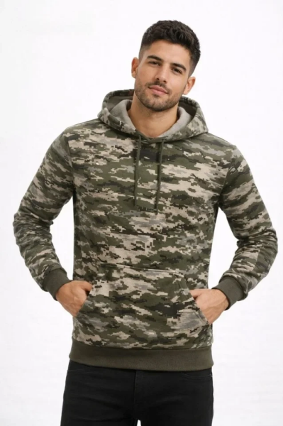 Erkek Kamuflaj Desenli 2 İplik 4 Mevsim Kapüşonlu Kanguru Cepli Hoodie Sweatshirt - Kamuflaj