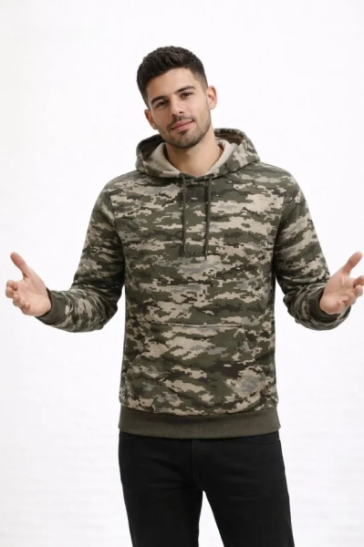 Erkek Kamuflaj Desenli 2 İplik 4 Mevsim Kapüşonlu Kanguru Cepli Hoodie Sweatshirt - Kamuflaj