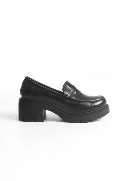 K-706 Siyah Kırışık Rugan Yüksek Tabanlı Loafer Ayakkabı