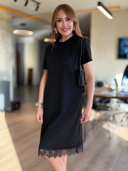 Kadın Tül Detaylı önü Taşlı Modal Elbise