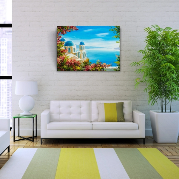 Çiçekli Terasta Mikanos ve Deniz Manzarası Yağlıboya Kanvas Tablo 50 x 70