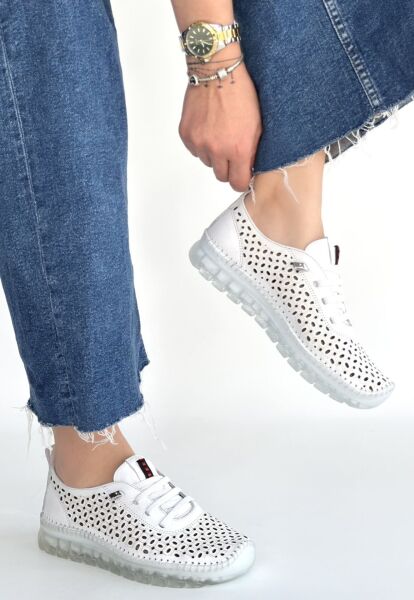 Otja Beyaz Deri Lazerli Bağcıklı Spor Ayakkabı