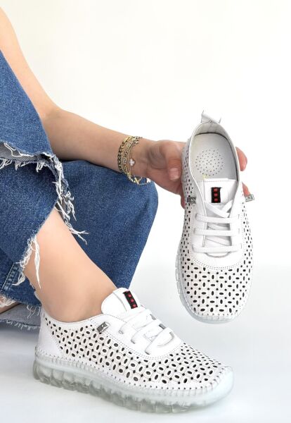 Otja Beyaz Deri Lazerli Bağcıklı Spor Ayakkabı