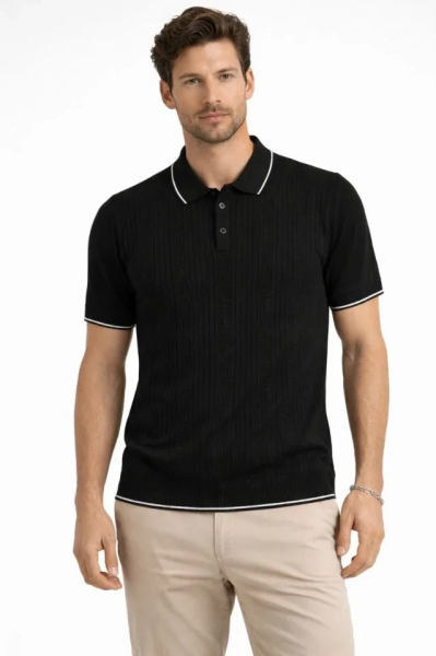 Erkek Düğmeli Yaka Triko Dokuma Tişört Desenli Yazlık  Şık Günlük Triko Tişört - Siyah