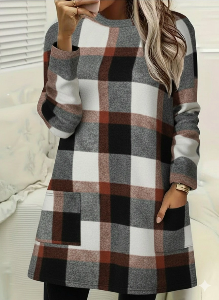 Kadın Uzun Kollu Yarı Balıkçı Yakalı Cep Detaylı Ekoseli Dokuma Tunik