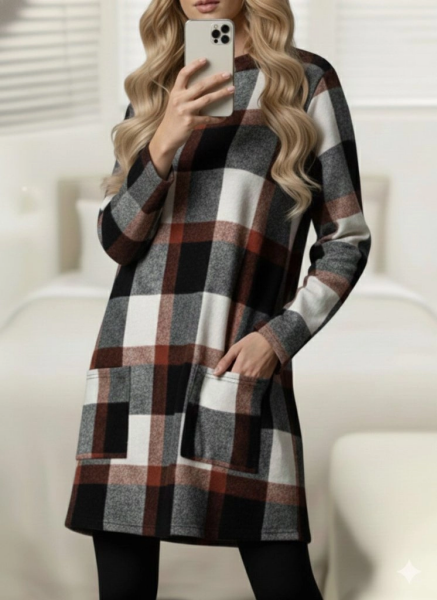 Kadın Uzun Kollu Yarı Balıkçı Yakalı Cep Detaylı Ekoseli Dokuma Tunik