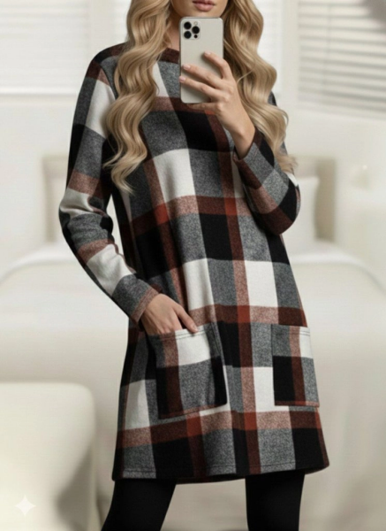 Kadın Uzun Kollu Yarı Balıkçı Yakalı Cep Detaylı Ekoseli Dokuma Tunik