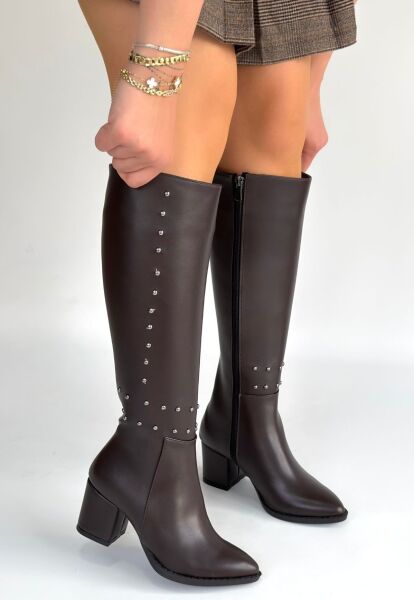 Tiyan Kahverengi Cilt Topuklu Çizme