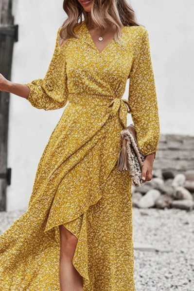 Kadın Uzun Kollu Kruvaze Yaka Yandan Bağlamalı önden Fırfır Detaylı Süprem Uzun Elbise