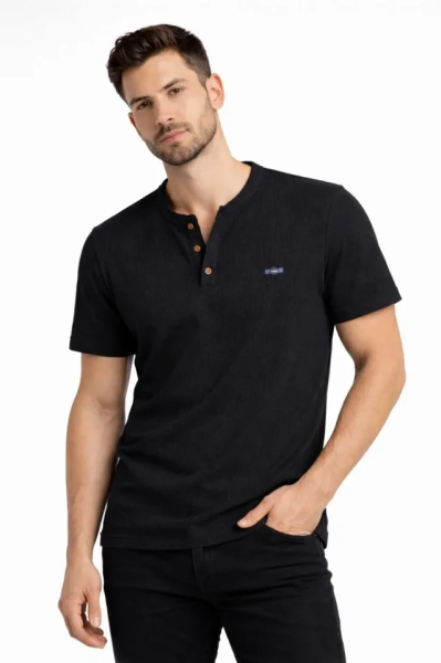 Erkek Waffle Dokulu Likralı Henley Yaka Düğmeli Regular Fit Kısa Kollu T-Shirt - Siyah