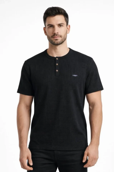 Erkek Waffle Dokulu Likralı Henley Yaka Düğmeli Regular Fit Kısa Kollu T-Shirt - Siyah