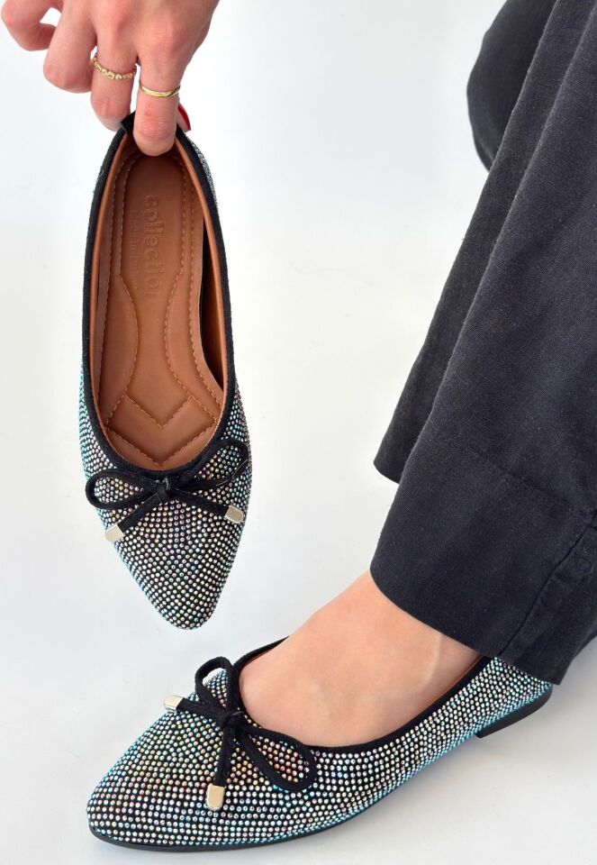 Sarra Siyah Saten İşlemeli Babet Ayakkabı