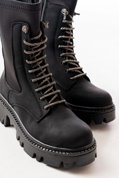 868-2006 Siyah Zümrüt Düz Topuklu Bağcıklı Fermuarlı Günlük Kadın Bot