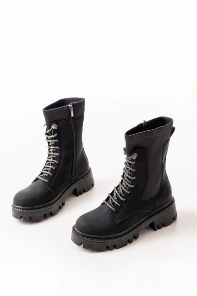 868-2006 Siyah Zümrüt Düz Topuklu Bağcıklı Fermuarlı Günlük Kadın Bot