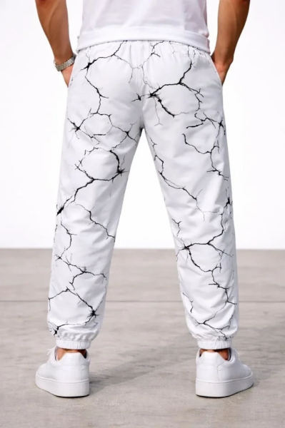 Erkek Dijital Baskılı Eşofman Altı Kışlık Üç İplik Şardonlu Kumaş Lastikli Paça, Cepli, Rahat Kalıp - Beyaz