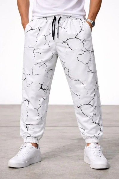 Erkek Dijital Baskılı Eşofman Altı Kışlık Üç İplik Şardonlu Kumaş Lastikli Paça, Cepli, Rahat Kalıp - Beyaz