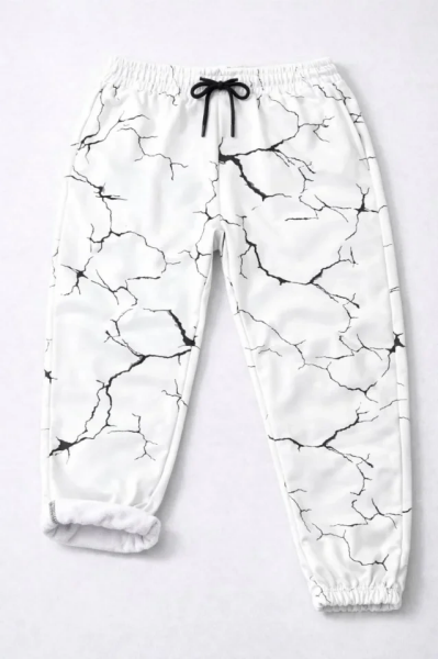 Erkek Dijital Baskılı Eşofman Altı Kışlık Üç İplik Şardonlu Kumaş Lastikli Paça, Cepli, Rahat Kalıp - Beyaz