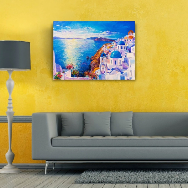 Mikanos Adası Mavi ve Beyaz Yağlıboya Kanvas Tablo 50 x 70