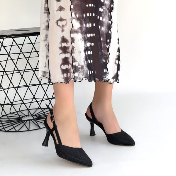 Minde Siyah Cilt Simli Topuklu Ayakkabı