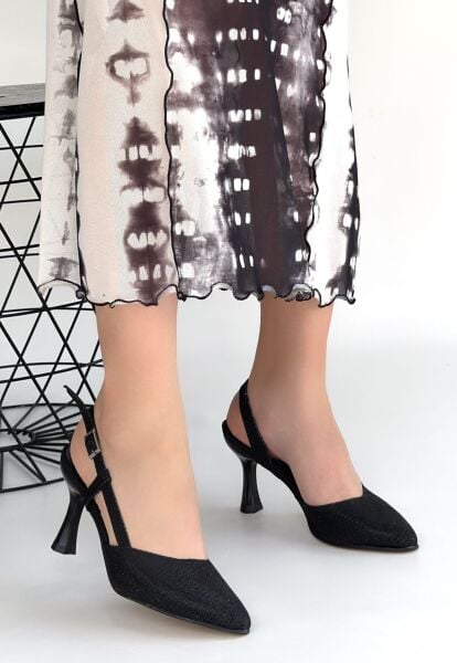 Minde Siyah Cilt Simli Topuklu Ayakkabı