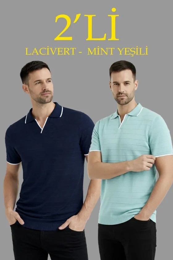 Erkek Kısa Kol Fitilli Triko Yakalı Düğmesiz T-shirt  2li Set Siyah-Mint Yeşili